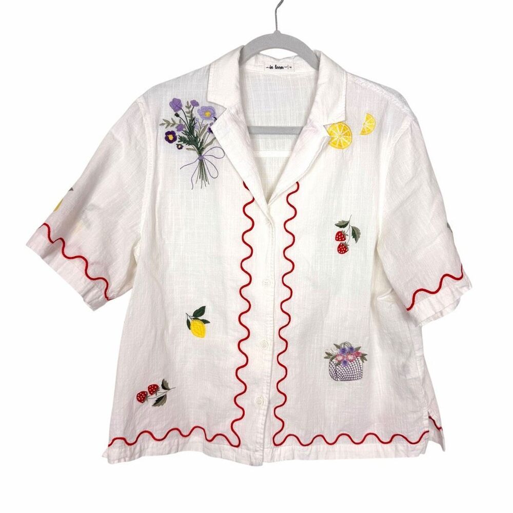 In Loom Embroidered Shirt Button Up Strawberry Lemon Picnic Short Sleeve Scallop - Picture 2 of 13